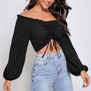 Crop top off shoulder lantern sleeve